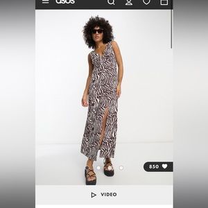 ASOS DESIGN linen v neck maxi slip sundress in natural zebra print